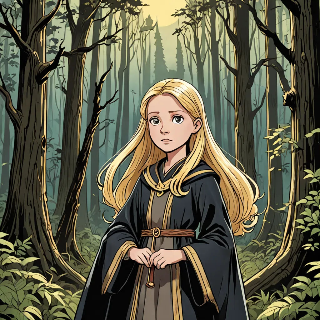 a woman in a black dress standing in a forest with trees and bushes behind her, with a yellow light shining on her face, fantasy art, a character portrait, Cliff Childs, official art