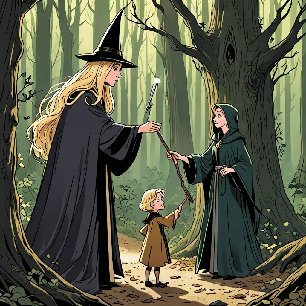 a cartoon of a wizard handing a wizard a wand to a little girl in a forest with a wizard hat, fantasy art, a storybook illustration, Cliff Childs, official art