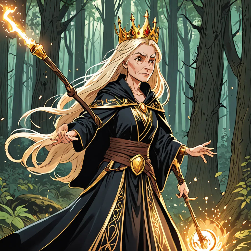 a woman in a black dress holding a wand and a light in her hand in a forest with trees, fantasy art, a character portrait, Anato Finnstark, magic the gathering artwork