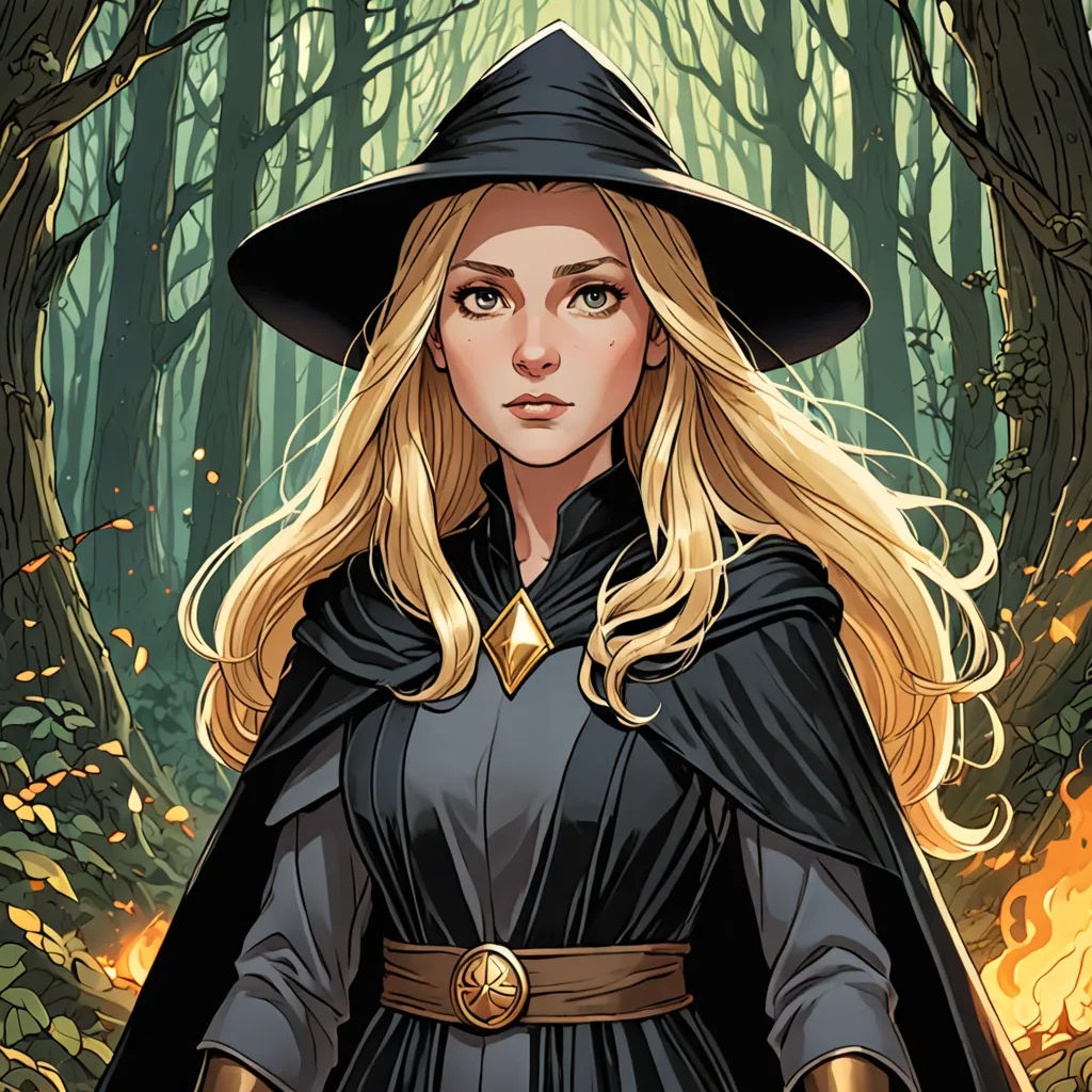 a woman in a witch costume standing in a forest with a fire in the background and a hat on, fantasy art, a character portrait, Charlie Bowater, comic cover art