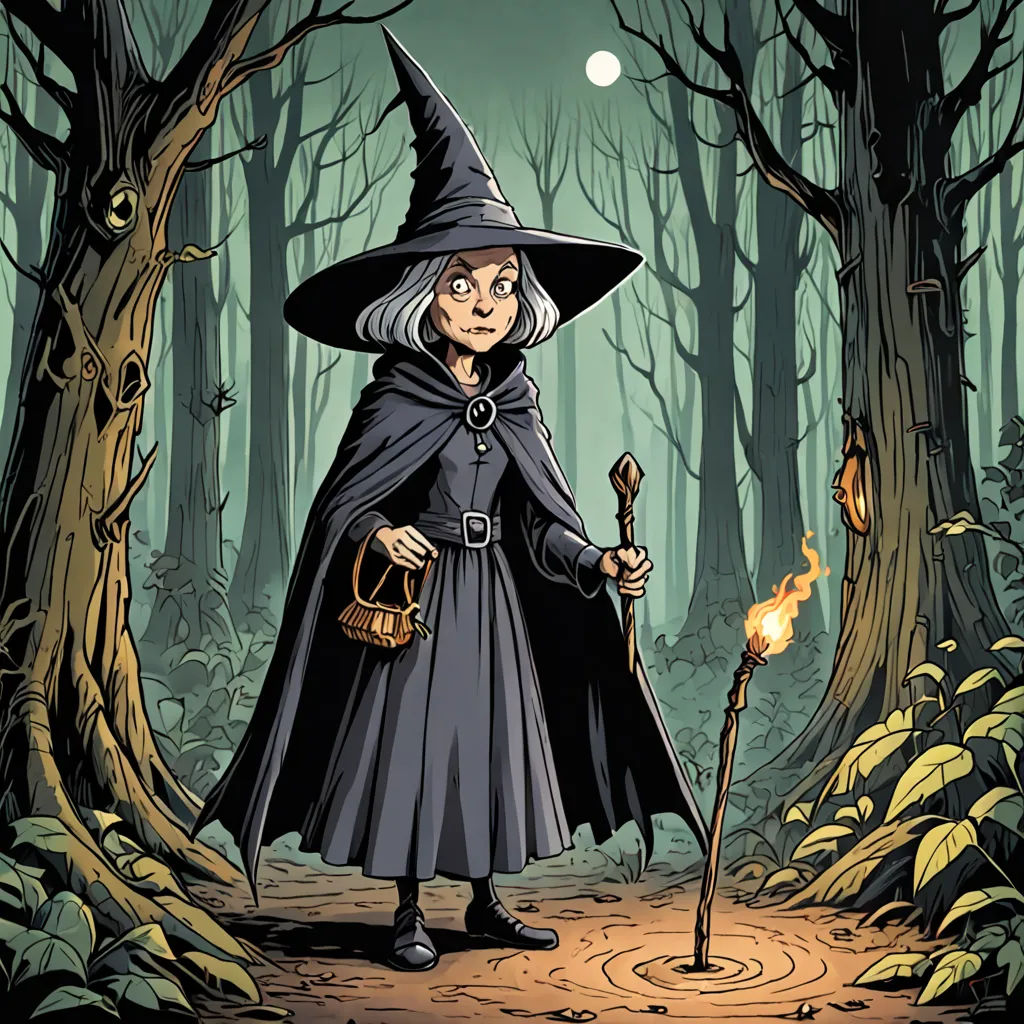 a wizard with a staff in a forest with a fire in her hand and a broom in her hand, fantasy art, a character portrait, Colin Middleton, promotional image