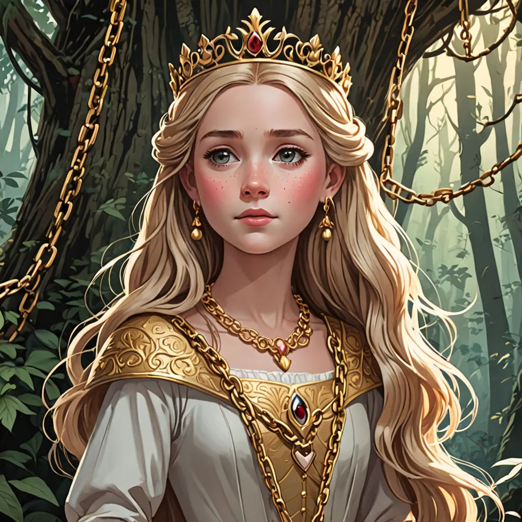 a woman in a golden dress standing in a forest with a chain around her neck and a crown on her head, fantasy art, a detailed painting, Charlie Bowater, rossdraws global illumination