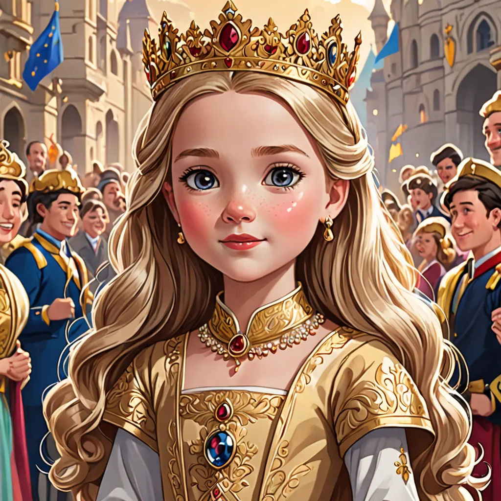 a cartoon of a little girl in a golden dress and crown with other people in the background wearing regal regalia, fantasy art, a detailed painting, Chris Rallis, official art