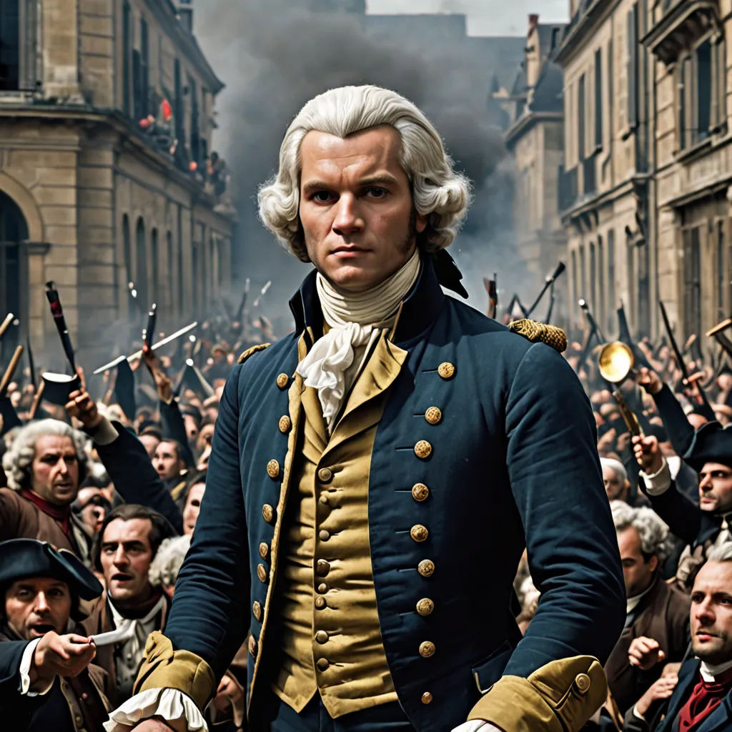 a man in a blue coat and white hair standing in front of a crowd of people with guns in his hands, les automatistes, a character portrait, Alexander Roslin, promotional image