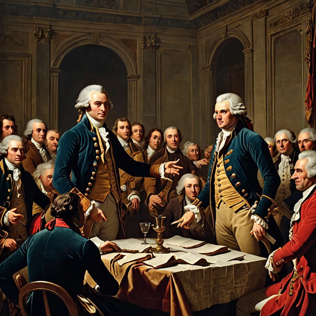 a painting of a group of men standing around a table with a man pointing at a table with a cup, american scene painting, a detailed painting, Benjamin West, painting