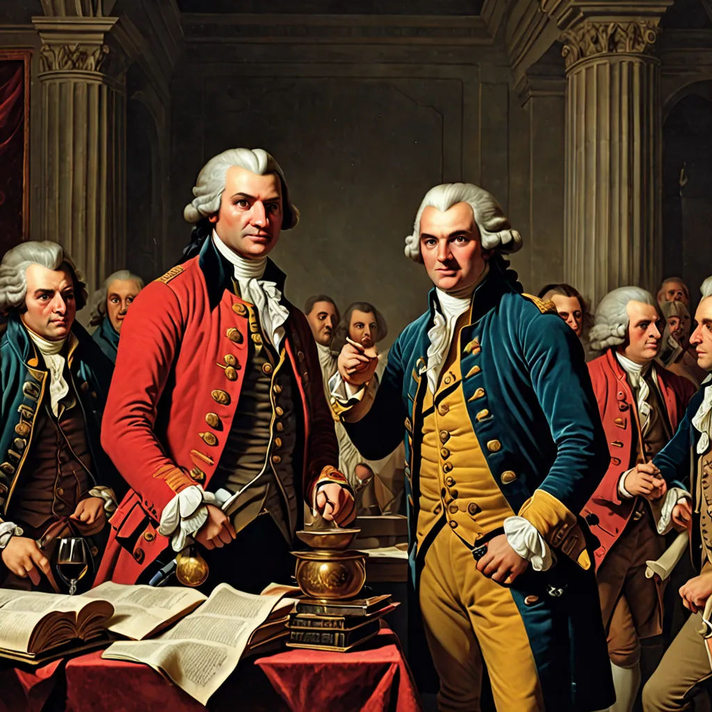 a painting of two men standing next to each other in front of a crowd of people in uniform and holding papers, american scene painting, a detailed painting, Benjamin West, painting
