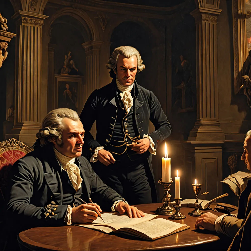 a painting of a man sitting at a table with two other men in front of him and a candle, academic art, a painting, Alexander Roslin, classical painting