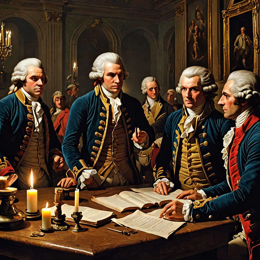 a painting of a group of men sitting around a table with a candle in front of them and papers in front of them, rococo, a fine art painting, Alexander Roslin, classical painting