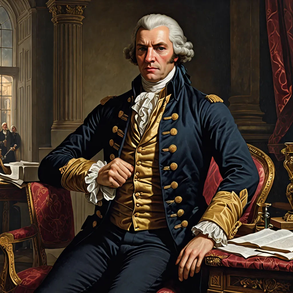 a painting of a man in a blue suit and gold jacket sitting in a chair with papers on the table, american scene painting, a detailed painting, Fitz Henry Lane, painting