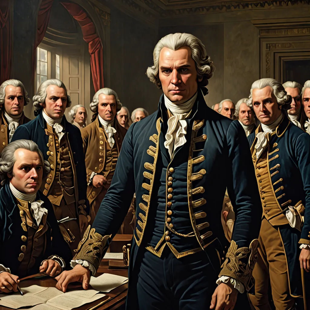 a painting of a man standing in front of a group of men in uniform in a courtroom with papers, american scene painting, a detailed painting, Cassius Marcellus Coolidge, highly detailed oil painting