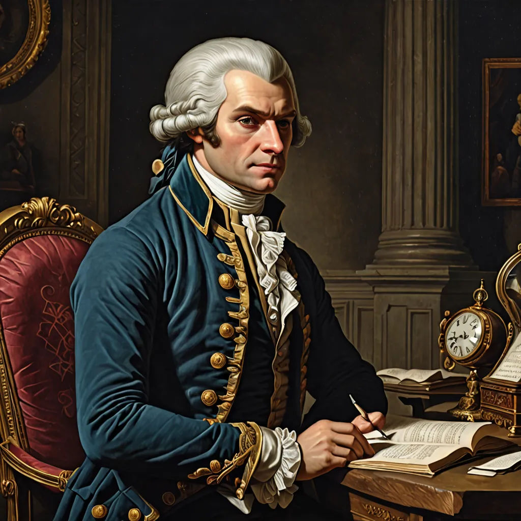 a painting of a man in a blue coat writing on a desk with a clock in the background and a book in his hand, neoclassicism, a painting, Alexander Roslin, painting