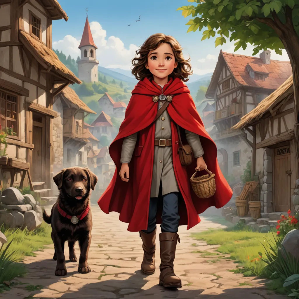 a painting of a little girl and a dog walking down a path in a village with a red cape, fantasy art, a storybook illustration, Brothers Hildebrandt, storybook illustration