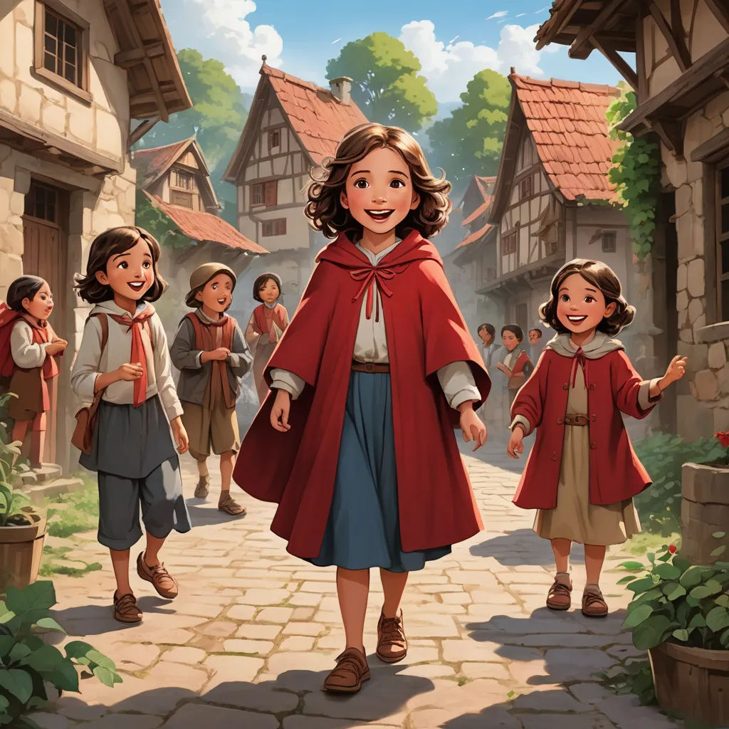 a painting of a little girl in a red cape and other children in a village with a red roof, fantasy art, a storybook illustration, Andreas Rocha, official art