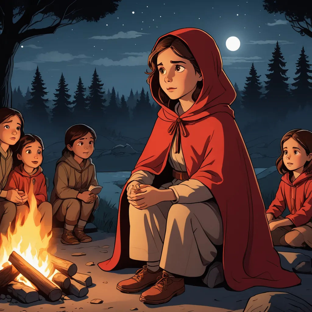 a woman sitting in front of a fire with children around her and a full moon in the background,, serial art, a storybook illustration, Atey Ghailan, storybook illustration