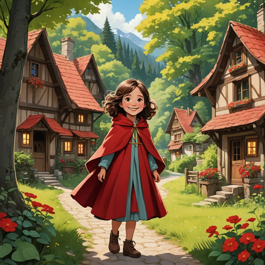 a little girl in a red cape is walking through a village with a red flowered tree and a path, fantasy art, a storybook illustration, Andreas Rocha, storybook illustration
