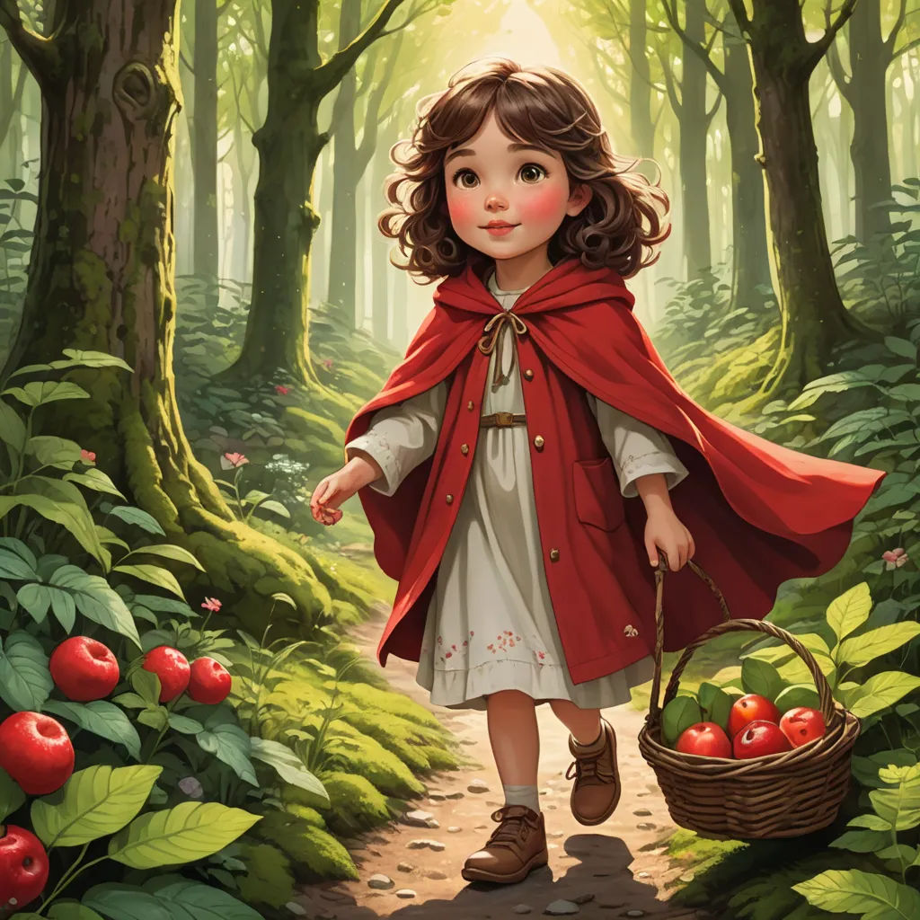 a painting of a little girl walking through a forest carrying a basket of apples and a basket of apples, fantasy art, a storybook illustration, Alice Prin, storybook illustration