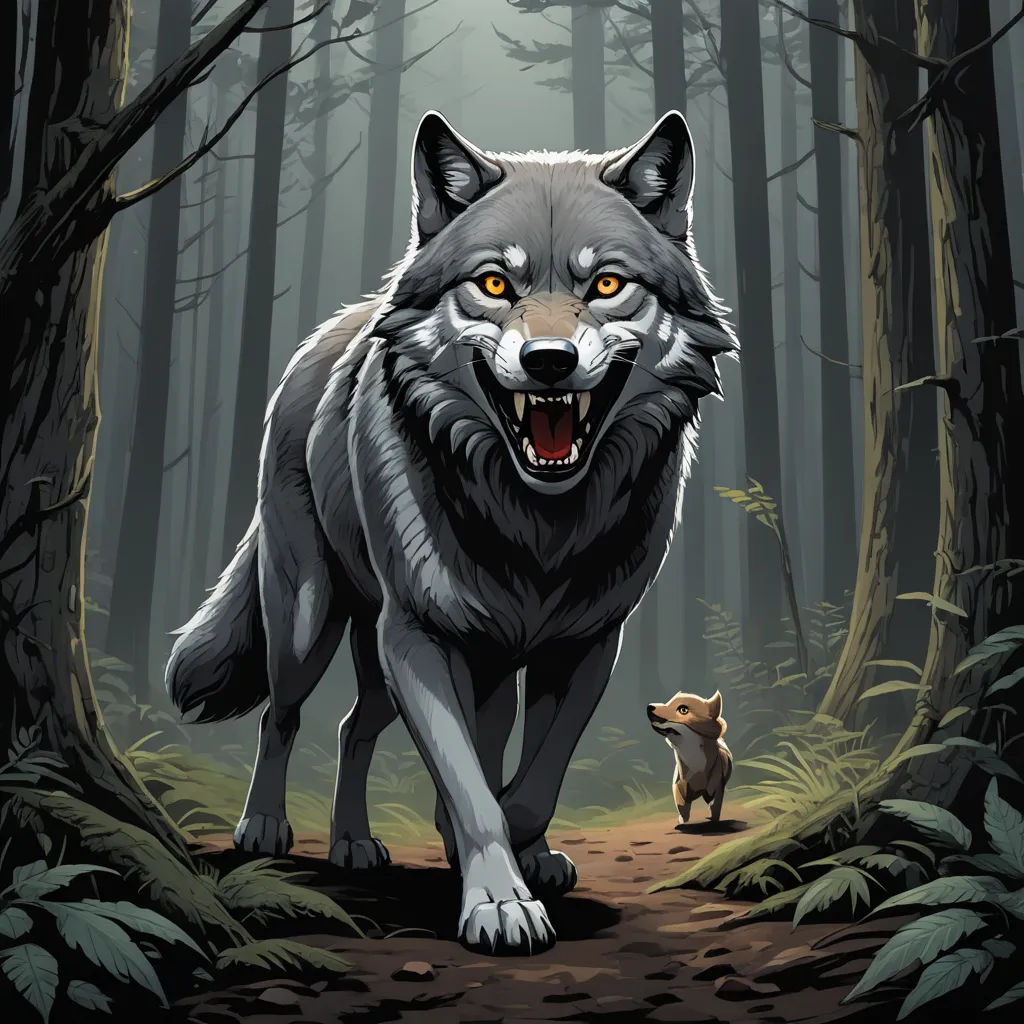 a wolf and a fox in a forest with a light shining on them's face and mouth, with a background of trees and leaves, furry art, a storybook illustration, Dan Mumford, official art