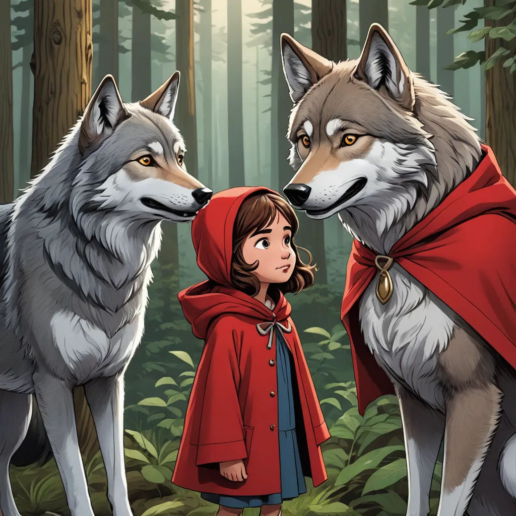 a little girl standing next to two wolfs in a forest with a red cape on her head and a red hood on, furry art, a storybook illustration, Aaron Jasinski, storybook illustration