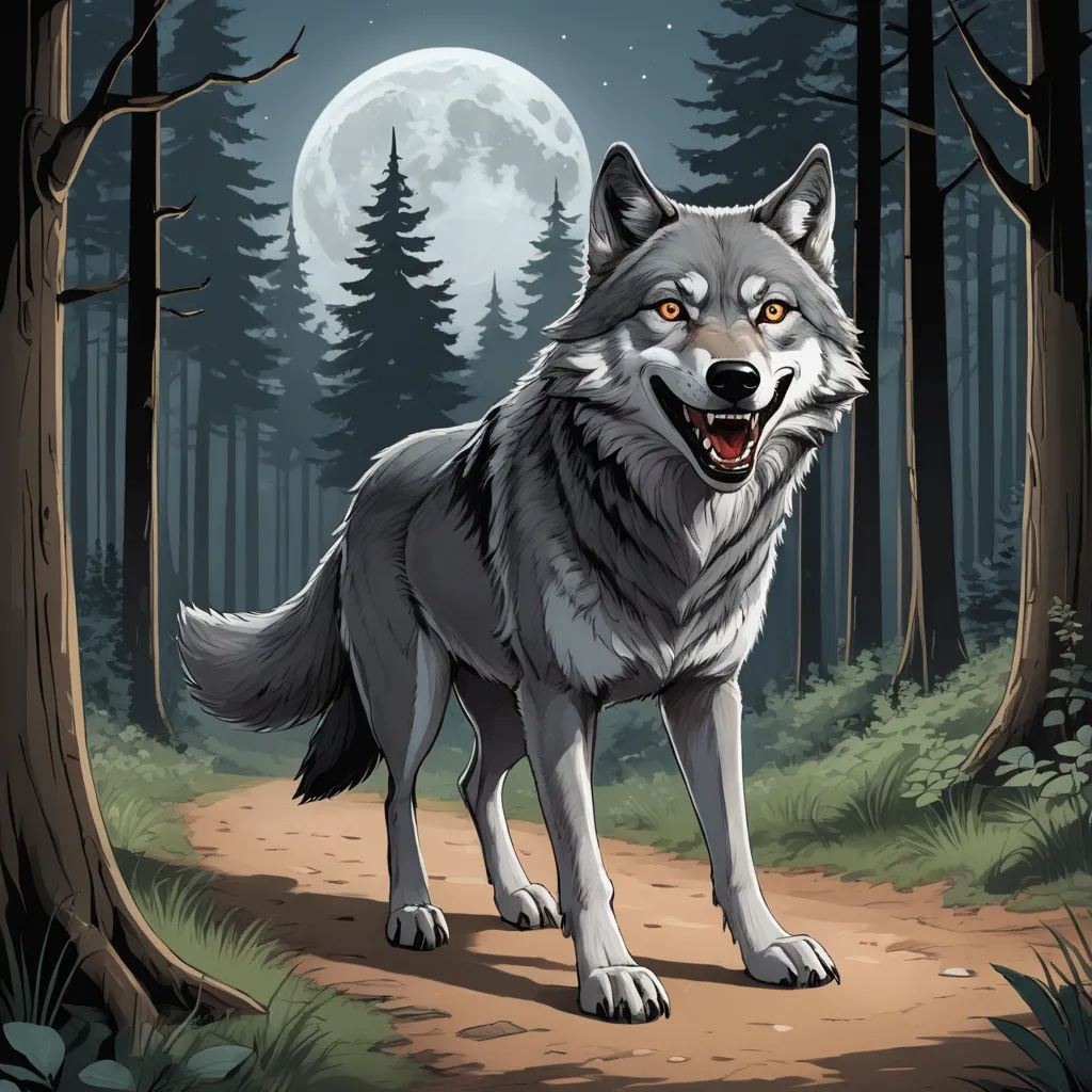 a wolf standing in the middle of a forest at night with a full moon in the background and trees, furry art, a storybook illustration, Dan Mumford, detailed illustration