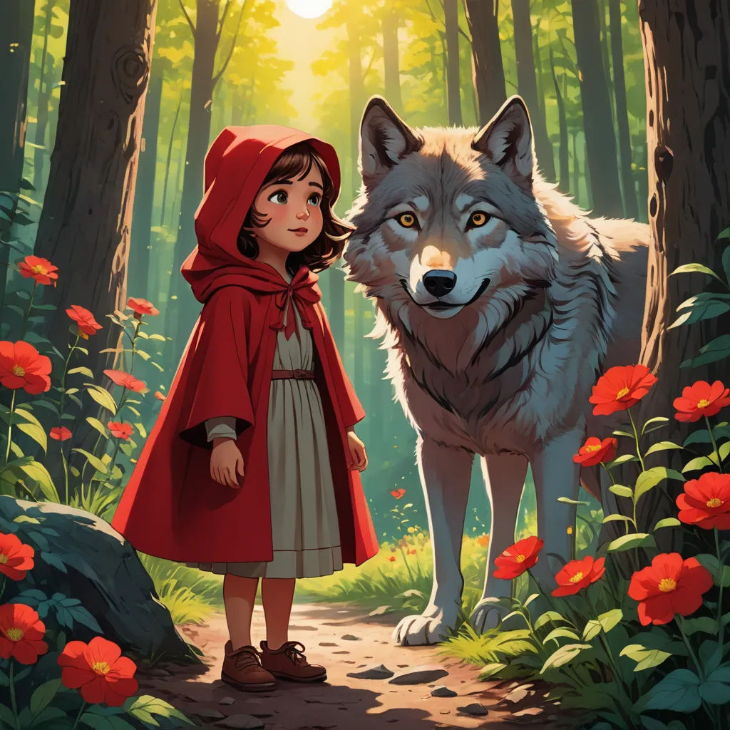 a little red riding hoodie standing next to a wolf in a forest with red flowers and red flowers, fantasy art, a storybook illustration, Aaron Jasinski, official art