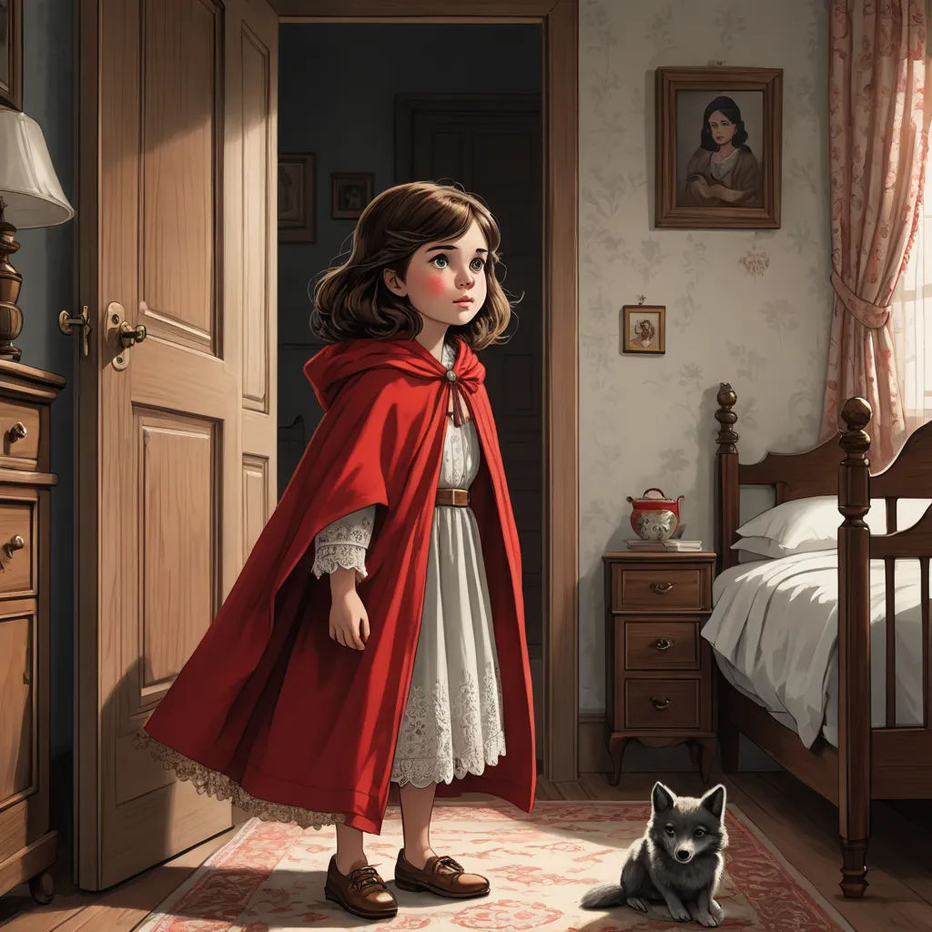 a little girl in a red cape standing in a bedroom next to a dog and a bed with a red blanket, american scene painting, a storybook illustration, Clarice Beckett, storybook illustration