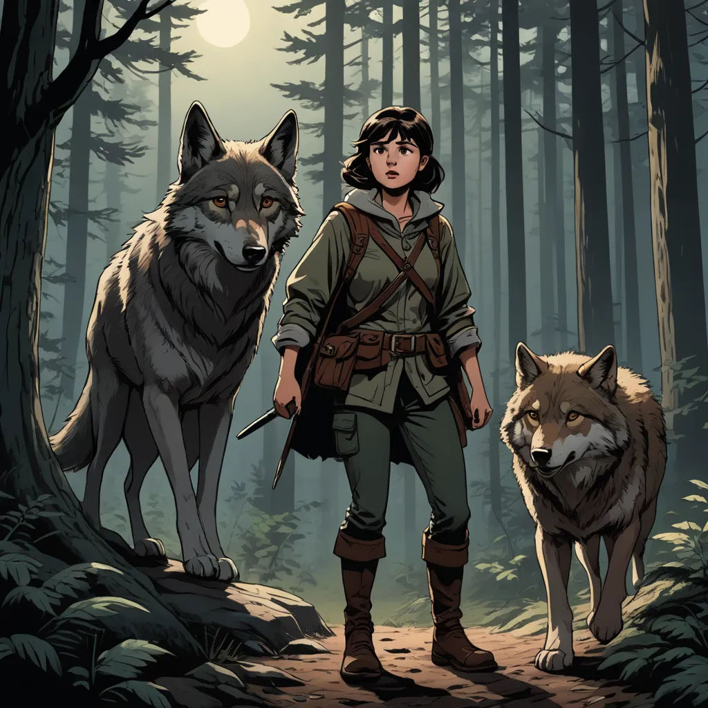 a woman standing next to a wolf in a forest at night with a full moon behind her and a wolf behind her, furry art, a character portrait, Diego Gisbert Llorens, comic cover art