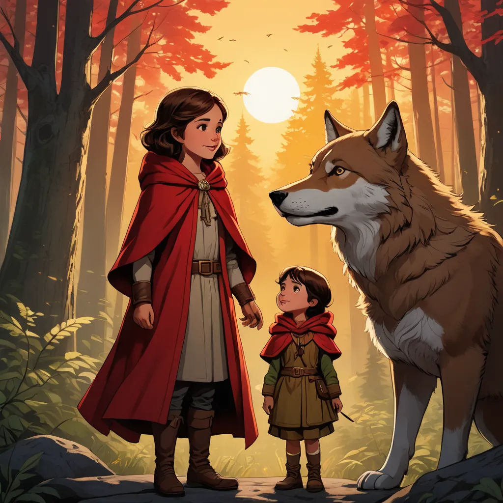 a woman and a child standing in front of a wolf in a forest with a red cape on and a wolf in the background, sots art, a storybook illustration, Anato Finnstark, official art