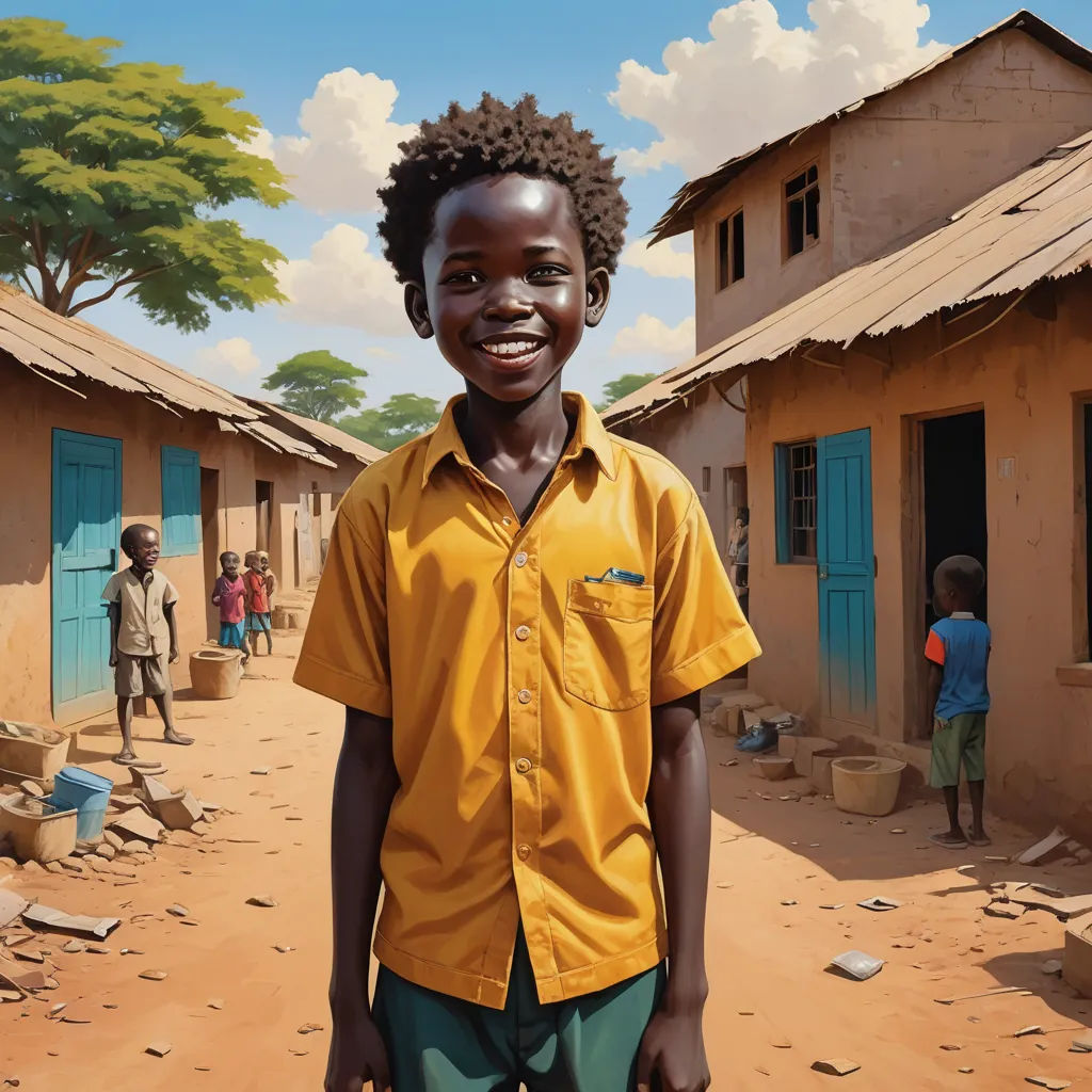 a boy in a yellow shirt standing in front of a village with a few children in the background and a few buildings, photorealism, a detailed painting, Aaron Jasinski, highly detailed digital painting