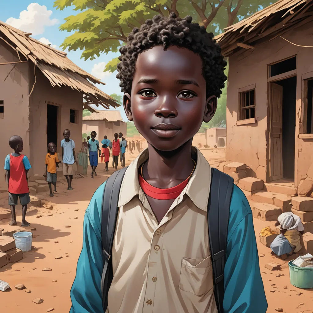 a painting of a boy in a village with other children in the background and a tree in the foreground, photorealism, a storybook illustration, Aaron Jasinski, highly detailed digital painting