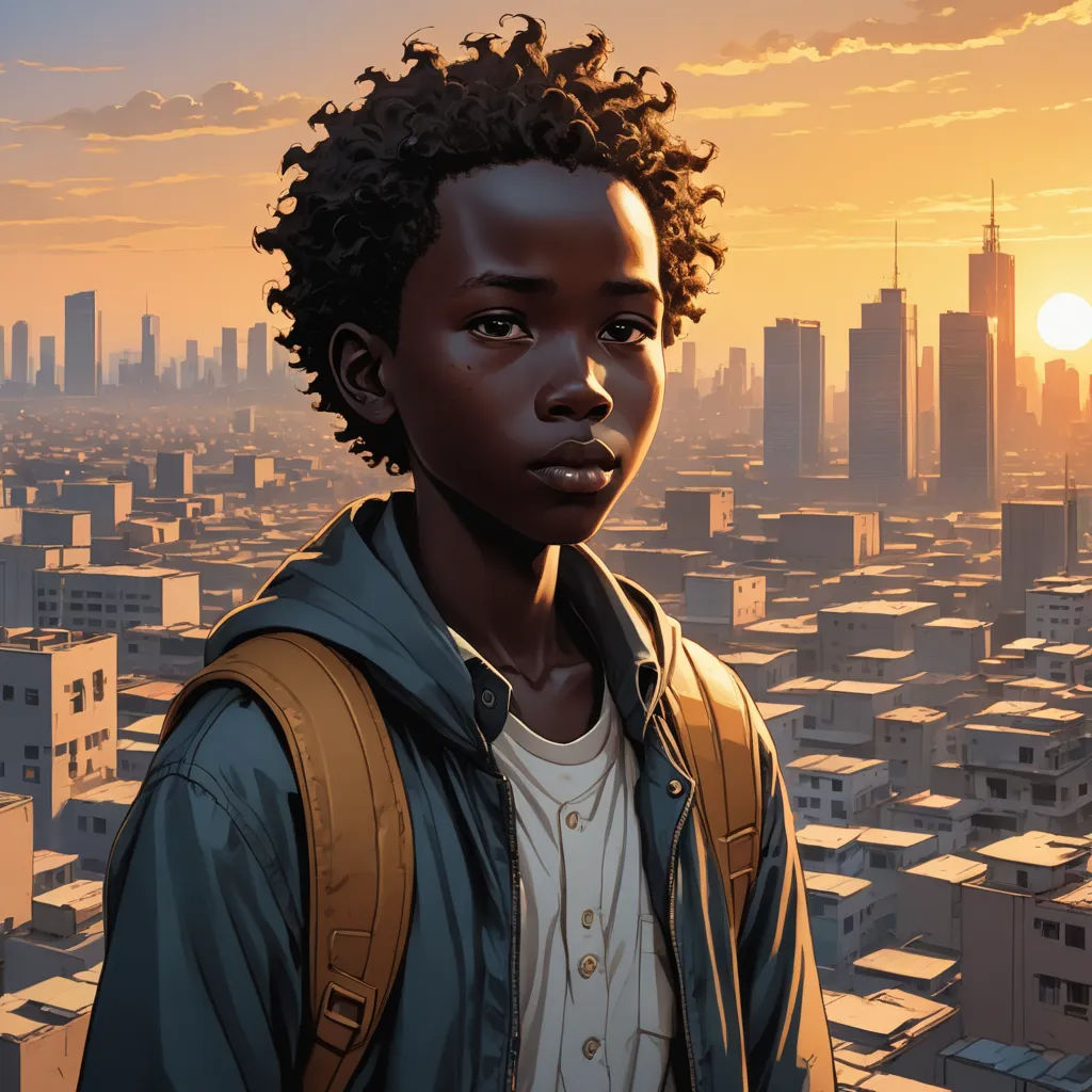 a painting of a person standing in front of a cityscape at sunset with a backpack on his shoulder, afrofuturism, a comic book panel, Altichiero, comic cover art