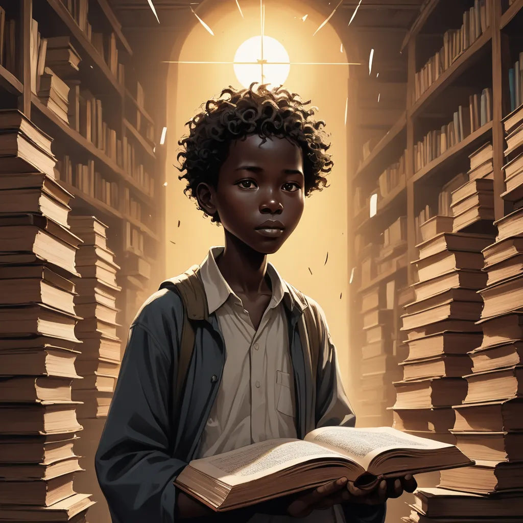 a boy is standing in a library with a book in his hands and a light shining on him from behind, fantasy art, a character portrait, Clint Cearley, mars ravelo and greg rutkowski