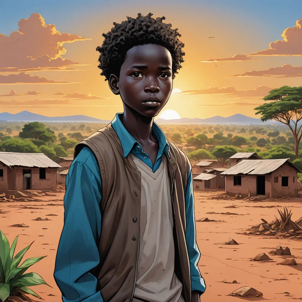 a painting of a boy standing in a desert with a sunset in the background and a village in the background, american realism, a comic book panel, Aaron Jasinski, graphic novel