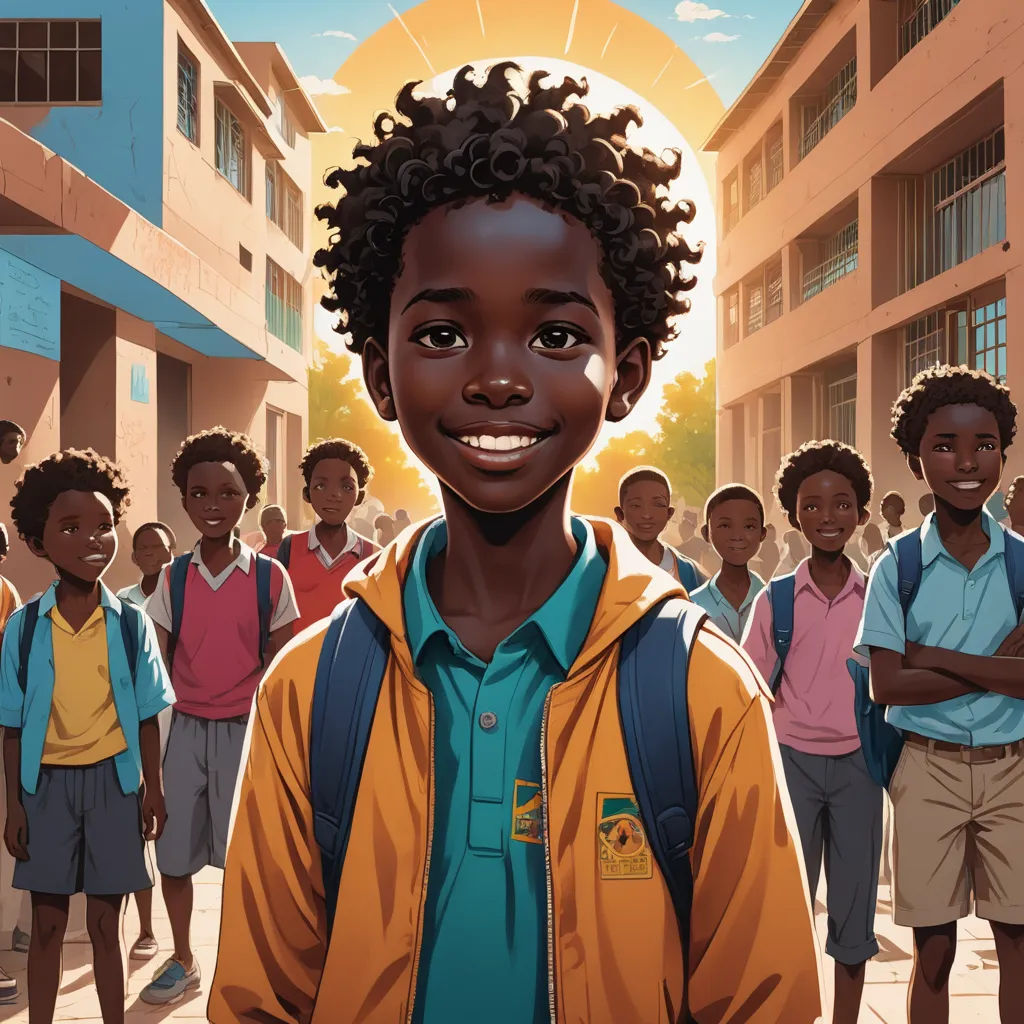 a cartoon of a boy in a school uniform standing in front of a group of school children in a courtyard, afrofuturism, a storybook illustration, Ella Guru, official art