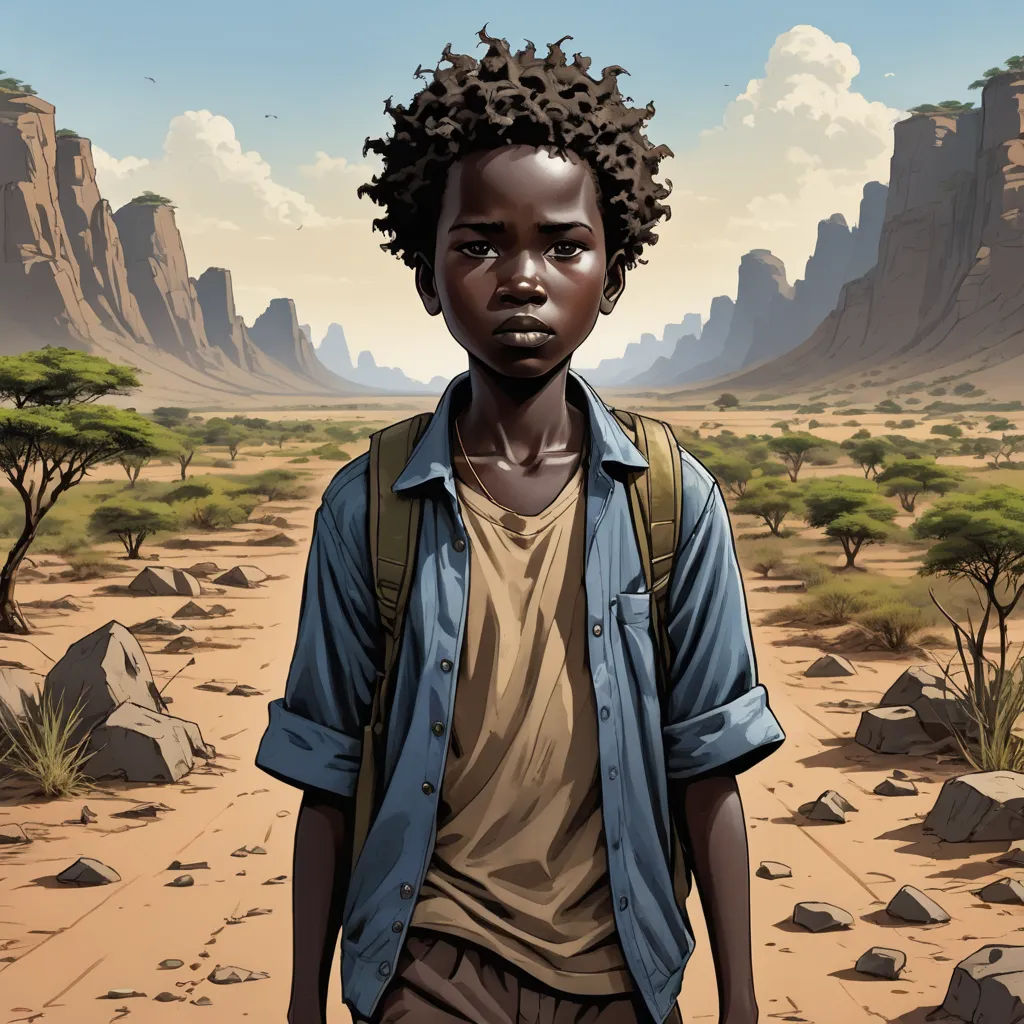 a boy with a backpack standing in a desert area with mountains in the background and trees in the foreground, serial art, a character portrait, Asaf Hanuka, comic cover art