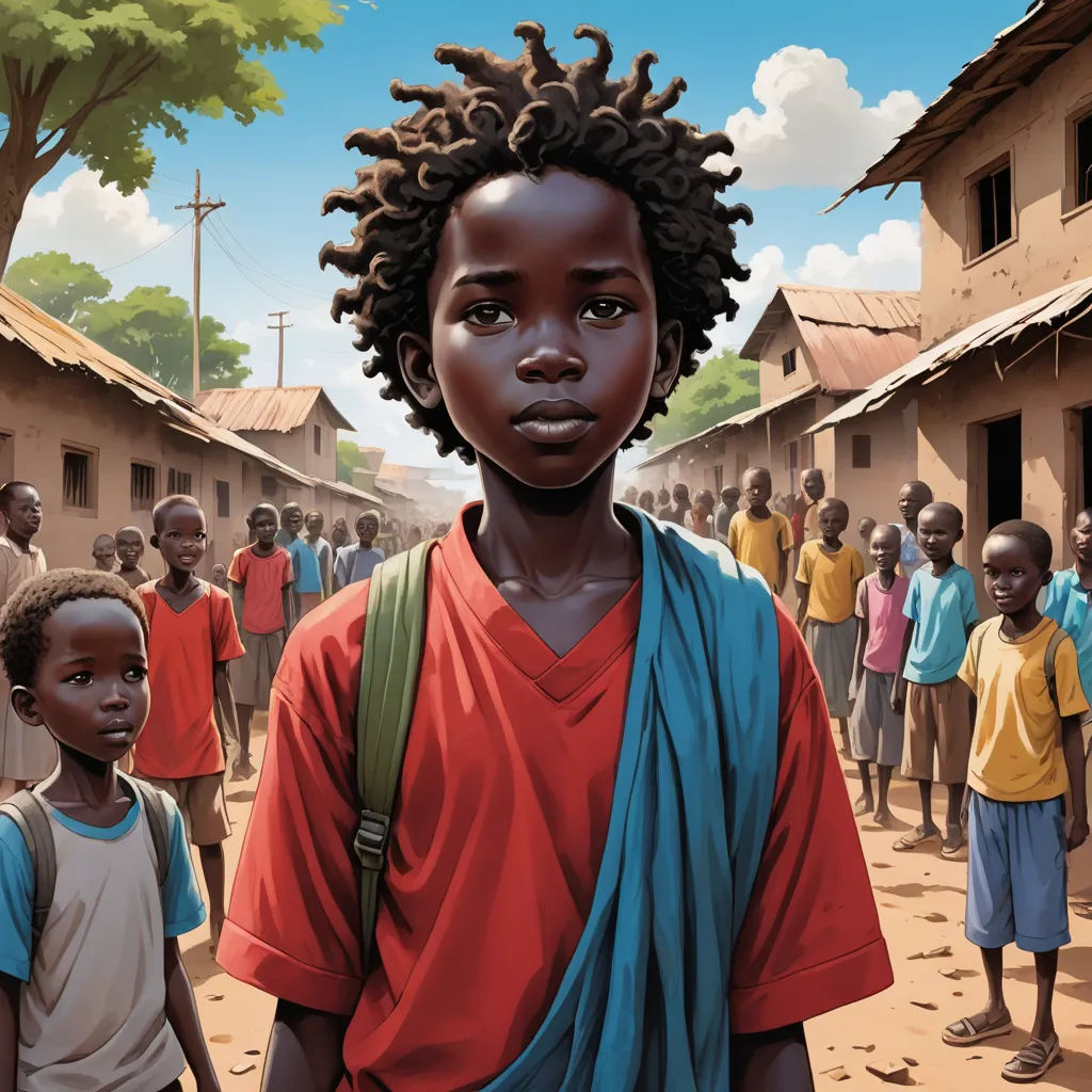 a painting of a boy with a blue scarf around his neck and a group of children in the background, serial art, a storybook illustration, Aaron Jasinski, graphic novel
