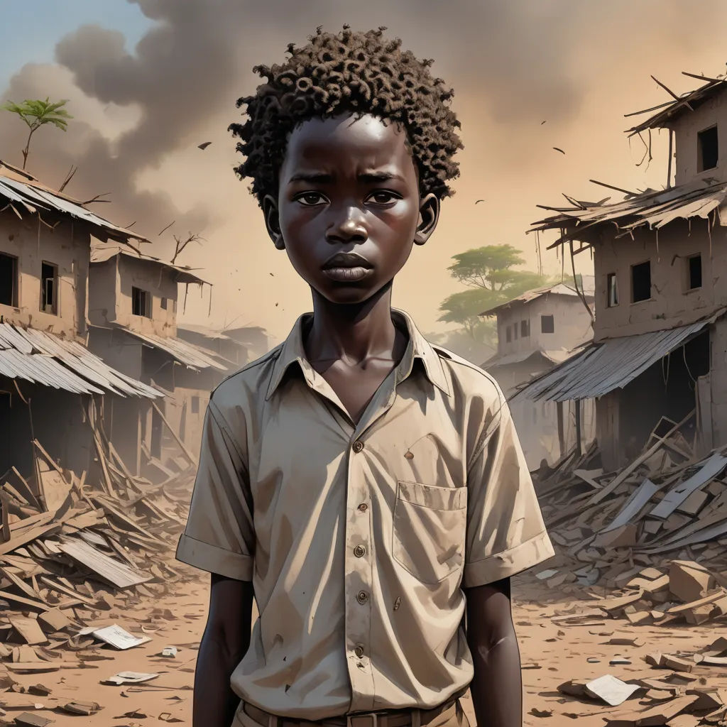 a boy standing in a dirty area with a lot of debris on the ground and buildings in the background, american realism, a hyperrealistic painting, Brad Kunkle, highly detailed digital painting