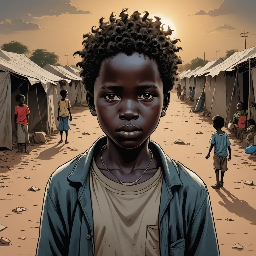a boy standing in a dirt road with a group of people in the background and a sky with clouds, american realism, a comic book panel, David Palumbo, graphic novel