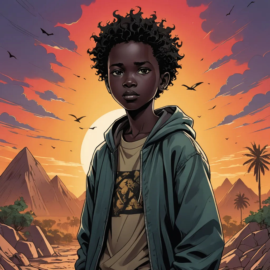 a young black man standing in front of a sunset with birds flying overhead and a bird flying overhead over him, afrofuturism, a comic book panel, Cliff Childs, comic cover art