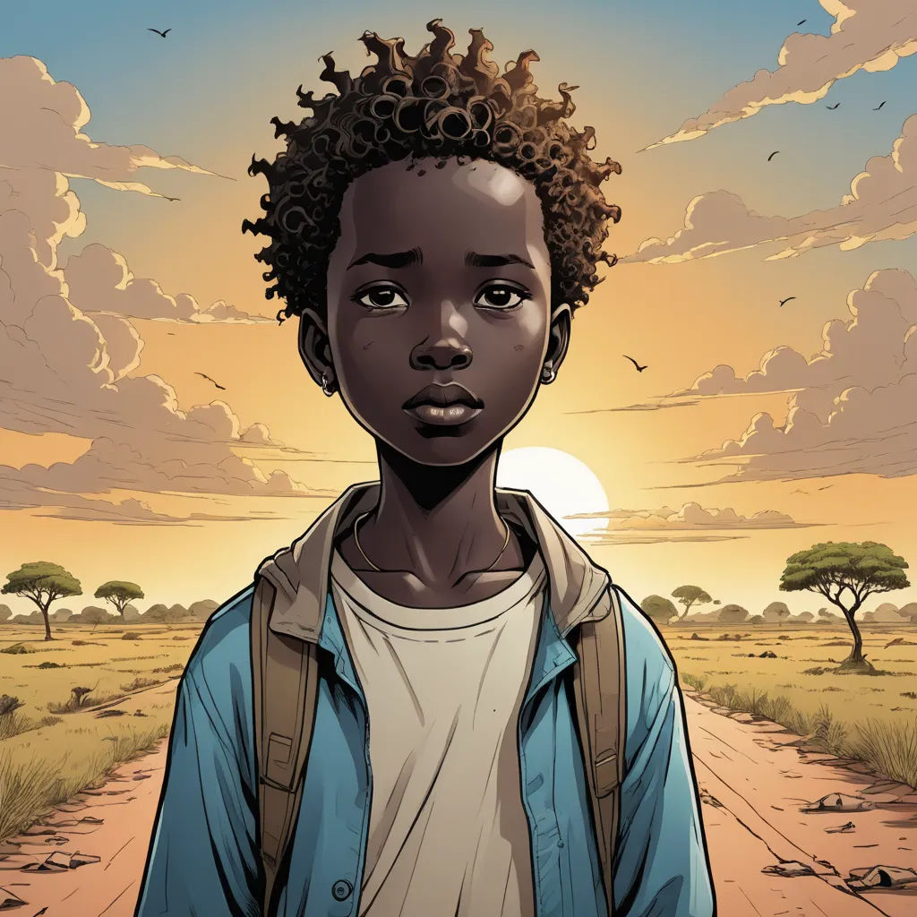 a young black boy standing on a dirt road in front of a sunset with clouds and birds flying overhead, afrofuturism, a comic book panel, Adam Manyoki, comic cover art