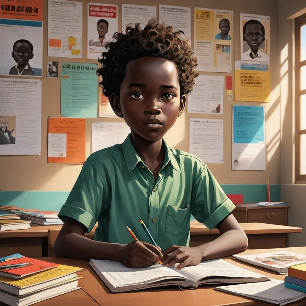 a young boy sitting at a desk with a book and pencil in his hand and papers on the desk, photorealism, a painting, Chris LaBrooy, stanley artgerm lau
