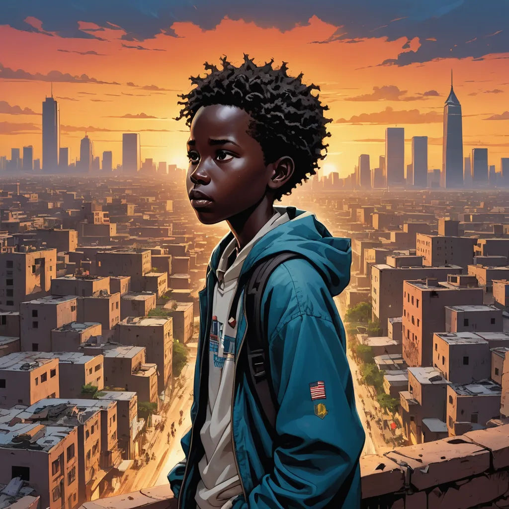 a painting of a young man standing on a rooftop with a city in the background at sunset with a city skyline, afrofuturism, a comic book panel, Altichiero, comic cover art