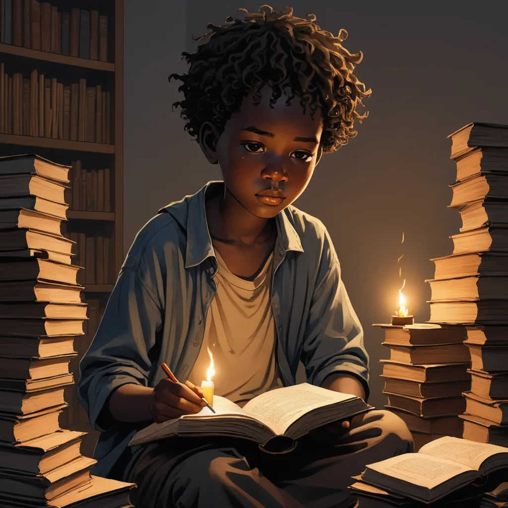 a young boy sitting on a pile of books with a lit candle in his hand and a book in front of him, fantasy art, a storybook illustration, Aaron Jasinski, storybook illustration