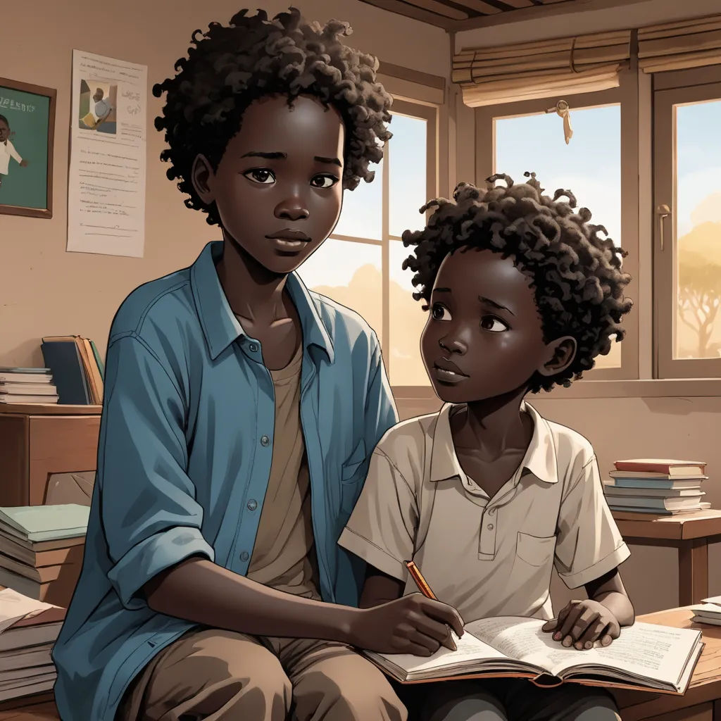 a woman sitting next to a child who is writing a book in a classroom with a window behind them, serial art, a storybook illustration, Aaron Jasinski, official art