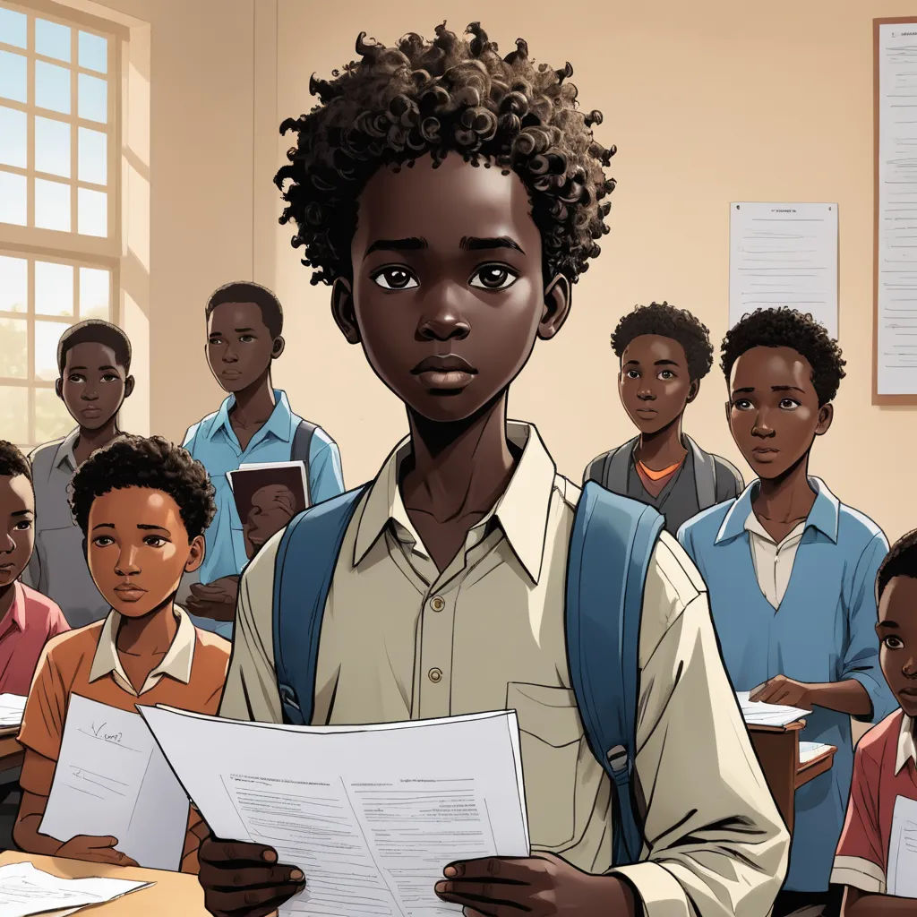 a cartoon of a boy holding a paper in front of a group of other boys in a classroom with papers, harlem renaissance, a comic book panel, Asaf Hanuka, official art