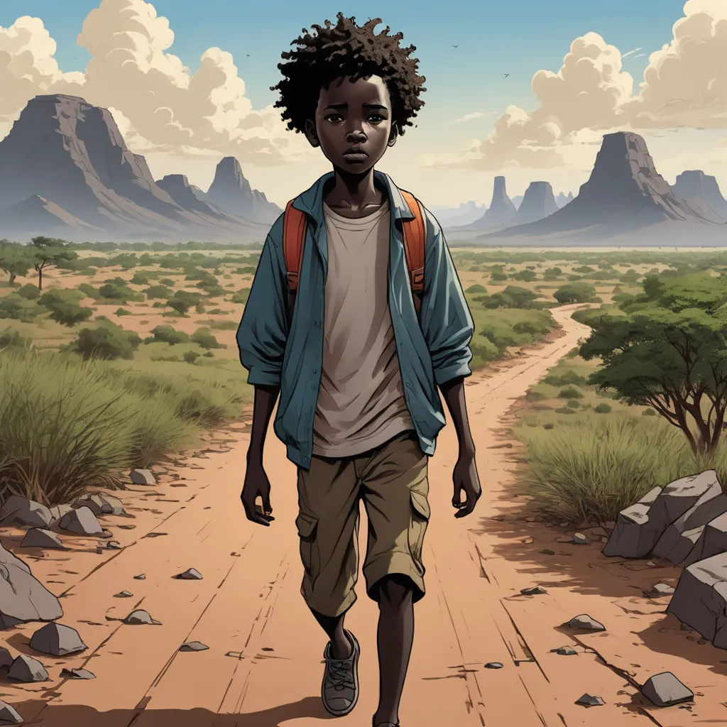 a man with a backpack walking down a dirt road in the desert with mountains in the background and a sky with clouds, afrofuturism, a comic book panel, Asaf Hanuka, comic cover art