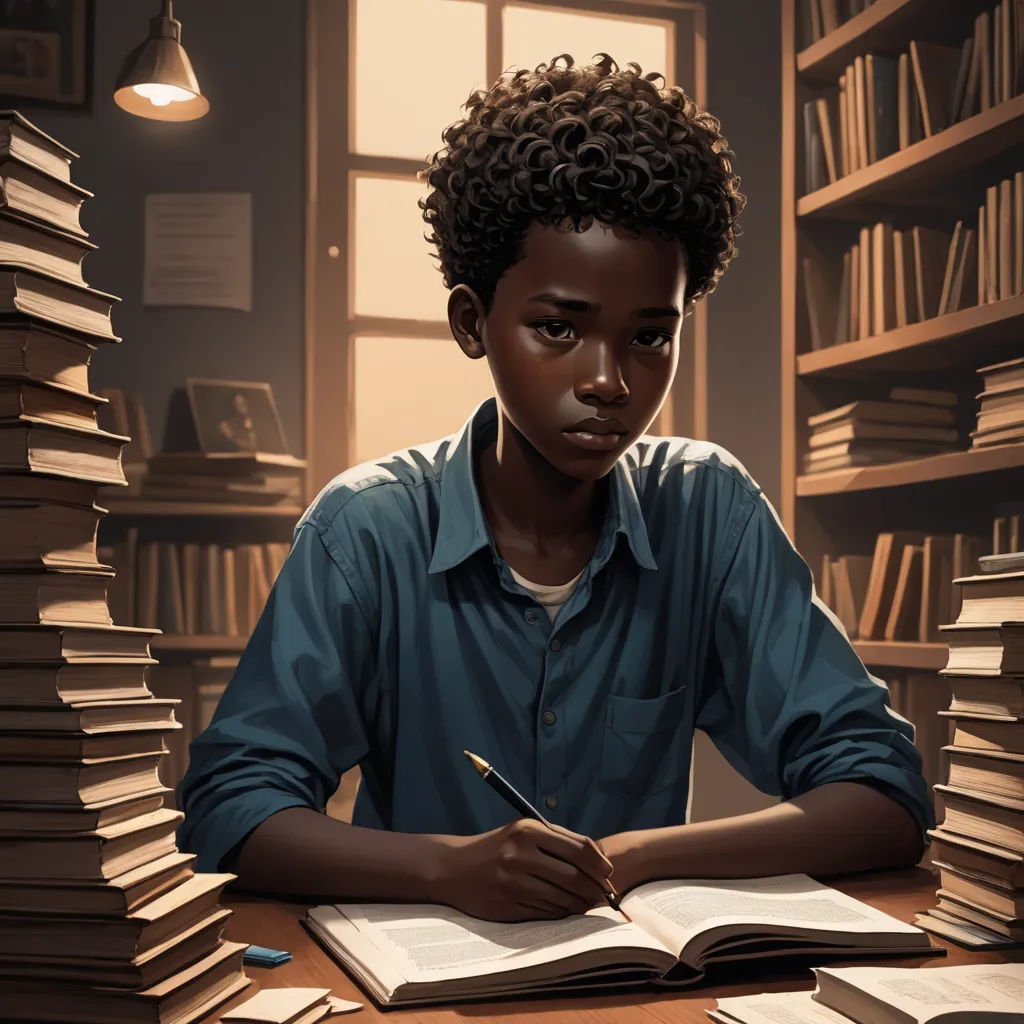 a boy is sitting at a table with a book and pen in his hand and a stack of books behind him, harlem renaissance, a character portrait, Clint Cearley, ultra realistic illustration