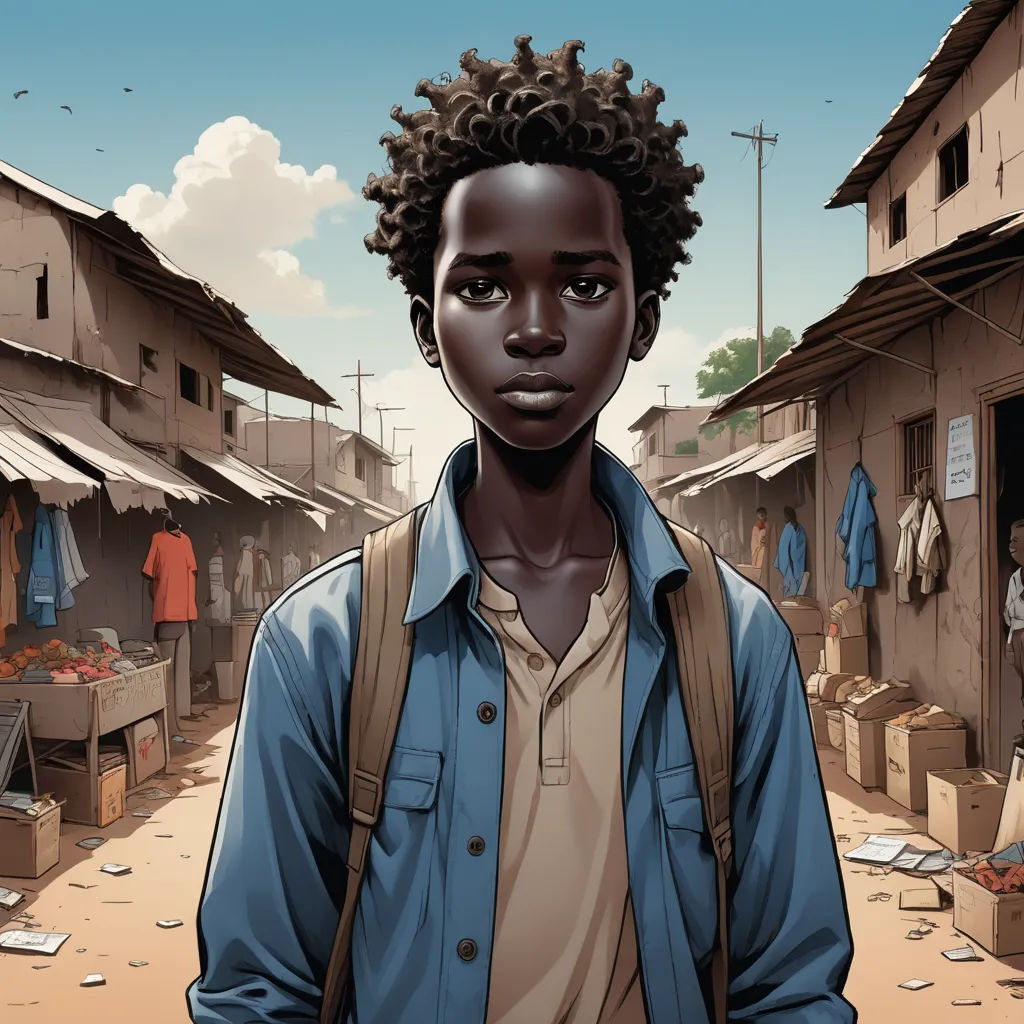 a man standing in a street with a backpack on his shoulder and a building in the background with people in the background, serial art, a comic book panel, Adam Manyoki, graphic novel