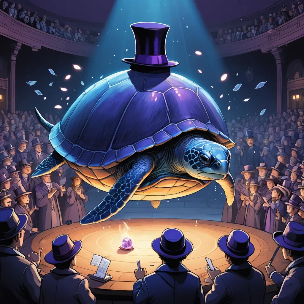 a turtle with a top hat on its head is surrounded by people in a crowd of people in a theater, magic realism, a storybook illustration, Chris LaBrooy, official art