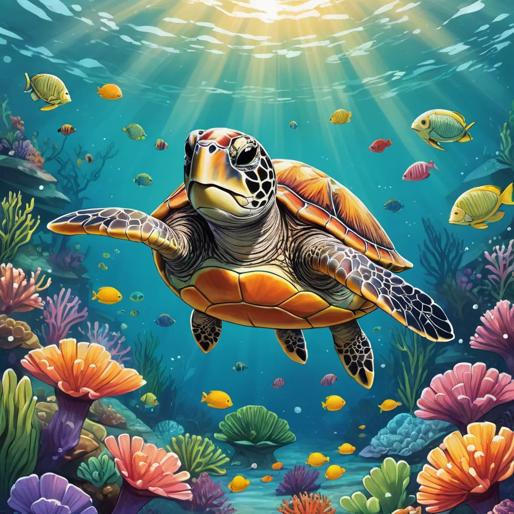 a painting of a turtle swimming in the ocean with corals and fish around it, with sunlight shining through the water, fantasy art, an airbrush painting, Dan Mumford, highly detailed digital painting