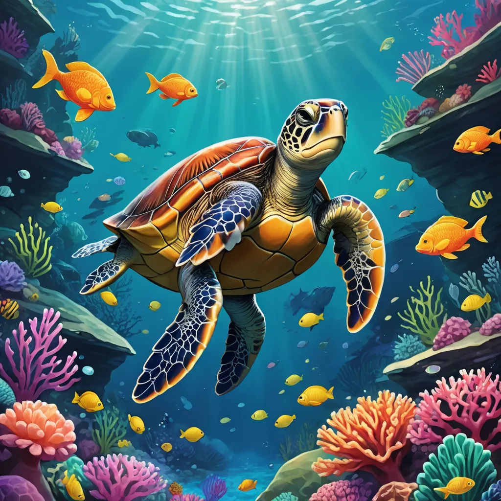 a turtle swimming in the ocean surrounded by corals and fish, with sunlight streaming through the water's surface, fantasy art, an airbrush painting, Chris LaBrooy, highly detailed digital painting